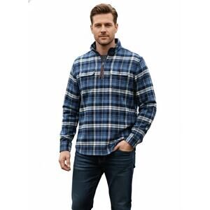 Chaps Flannel Pullover Shirt Men's Medium Blue Plaid Quarter-Zip